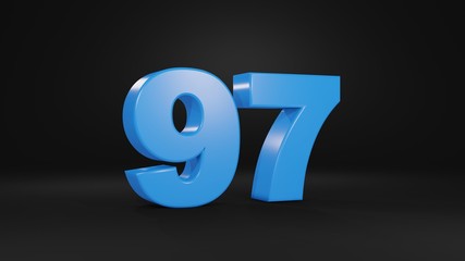 Number 97 in blue on black background, 3D illustration