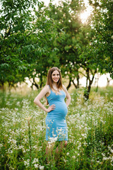 Naklejka na ściany i meble Pregnant happy girl stand and hold hands on stomach, stand on grass in the outdoor in the garden background with trees. Close up. full length. Looking at camera