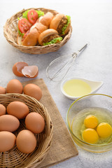 Fresh brown eggs and bakery product