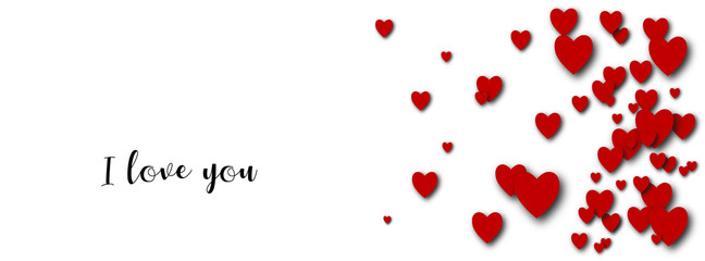 I love you. White background with red hearts. Greeting card, gift poster, holiday banner, cover for social