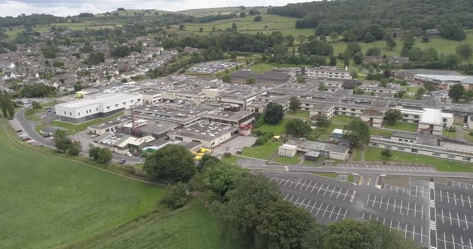 Aerial drone around hospital buildings, NHS England