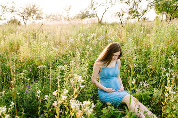 Naklejka na ściany i meble Pregnant happy girl sits and hold hands on stomach, sitting on grass in field in the outdoor in the garden background with trees. Close up. full length. Look down at the stomach.
