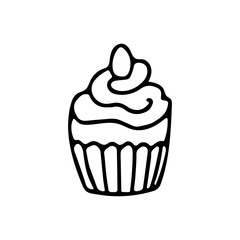 Easter cupcake decorated with whipping cream and a little egg in doodle style. Great for Easter greeting cards, product design. Hand drawn vector illustration in black ink. Isolated outline.