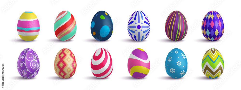 Wall mural set of cute colorful 3d realistic easter eggs on isolated background, decorative vector elements col