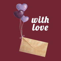 The letter in an envelope flying in balloons. Cute poster, Happy Valentine's Day. Flyers, invitations, poster, brochure, banner.
