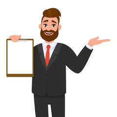 Young businessman showing blank clipboard and presenting hand to copy space. Person holding notepad. Male character design illustration. Human emotions, facial expressions concept in vector