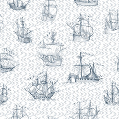 Old caravel, vintage sailboat. Hand drawn vector sketch. Vector seamless pattern