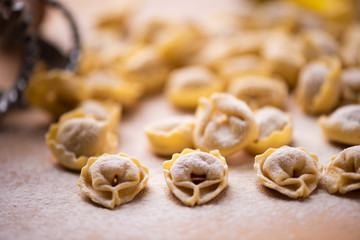 Tortellini or Tortelloni pasta on a flour dusted board © Fabio Balbi