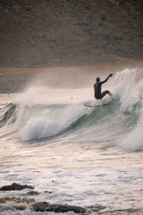 unstad beach, surfers paradise behind arctic circle. Surfing at Lofoten islands, vestvagoy island. world famous beach for surfers