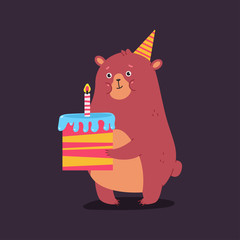 Cute cartoon bear character with cake. Happy Birthday vector concept illustration.