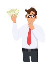 Young businessman showing cash, money and asking silence. Keep quiet! Shut up! Person keeping index finger on lips. Male character design illustration. Human emotions concept in vector cartoon style.