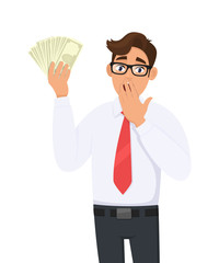 Shocked businessman showing cash, money and covering mouth with hand. Person holding currency notes. Male character design illustration. Human emotions and expressions concept in vector cartoon style.