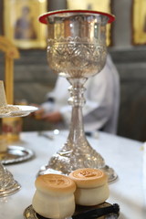 The altar of the Orthodox Church. Prosphora, Prosper, Church Bread, Holy Communion, Icon, on the throne of the Orthodox Church