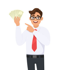 Young businessman showing cash, money and pointing index finger. Person holding currency notes. Male character design illustration. Human emotions and expressions concept in vector cartoon style.