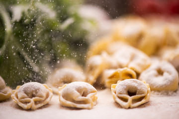 Tortellini or Tortelloni pasta on a flour dusted board