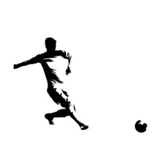 Fototapeta na wymiar Soccer player passing ball, isolated vector silhouette, ink drawing, side view