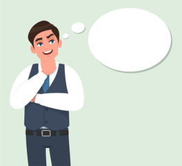 Happy young businessman thinking and looking up to the thought bubble. Person standing with crossed arm. Male character design illustration. Human emotions, facial expression in vector cartoon style.