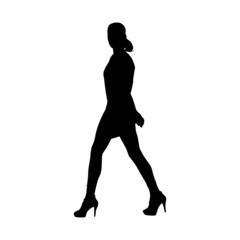 Slim sexy woman walking in high heels shoes, side view. Isolated vector silhouette