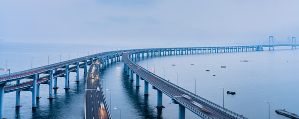 Night scenery of Dalian sea-crossing bridge in Dalian, Liaoning, China