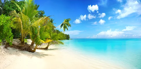 Fototapeten Schöner Strand mit weißem Sand, türkisfarbenem Meer, blauem Himmel mit Wolken und Palmen über dem Wasser an einem sonnigen Tag. Malediven, perfekte tropische Landschaft, Großformat. © Laura Pashkevich