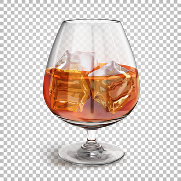Transparent shiny glass on a leg with cognac with ice cubes. Vector 3d realistic illustration isolated on transparent background.