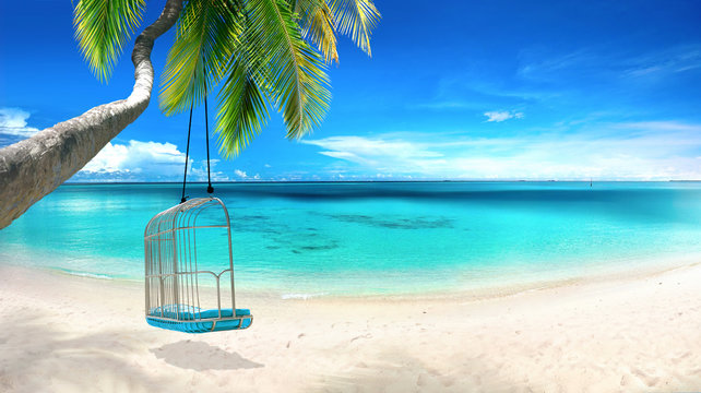 Beautiful tropical beach with white sand, turquoise ocean on  background blue sky with clouds on sunny summer day. Tilted palm tree with swing. Perfect landscape  background for relaxing vacation.