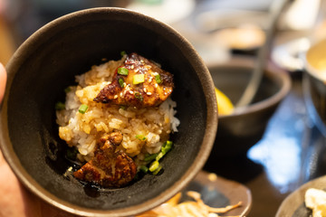 Delicious fresh sliced Foie Gras put on rice.
