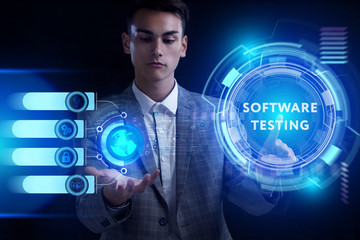 Business, Technology, Internet and network concept. Young businessman working on a virtual screen of the future and sees the inscription: