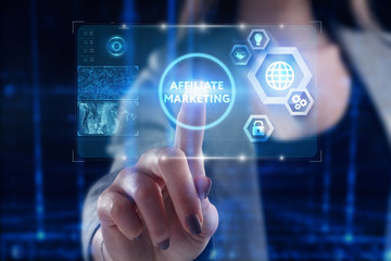 Fototapeta premium Business, Technology, Internet and network concept. Young businessman working on a virtual screen of the future and sees the inscription: