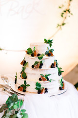 Rustic Wedding Cake on white Wall Background with fresh blackberries, figs and mint leaves