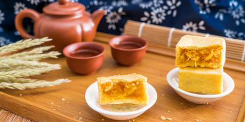 A few pieces of delicious Chinese pineapple cake in a tray