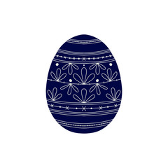 Vector illustration of Easter egg. Easter egg decorated with plant ornaments. Dark blue with white ornaments.