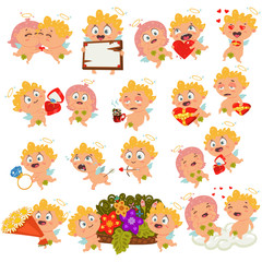 Cupid with different emotions, with arrow, red heart ring box, ribbon banner, chocolate and more. Vector Valentine's Day set. Collection of cute cartoon characters for holiday isolated on background.