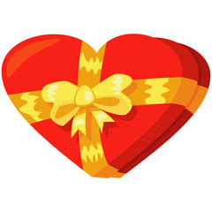 Red gift box in heart shape with yellow bow. Cartoon vector illustration isolated on white background.