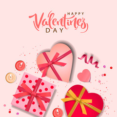 Valentines Day banner. Background design of realistic gifts box with heart shaped, confetti and candles. Holiday poster, greeting cards, header, website.