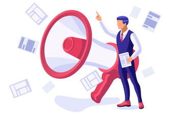 Magazine street stand, publications for reading and buying male daily press and media. International cartoon characters, person with loudspeaker to public audience for news. Flat vector illustration.