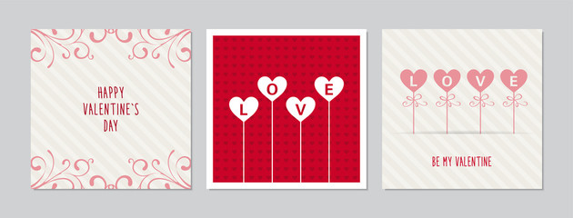 Valentine`s Day square cards set with hand drawn hearts and ornaments. Doodles and sketches vector vintage illustrations.
