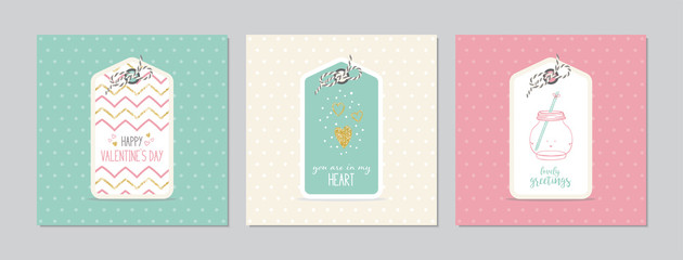 Valentine`s Day square cards set with hand drawn tags with sweet mason jar, hearts and glitter. Doodles and sketches vector vintage illustrations.