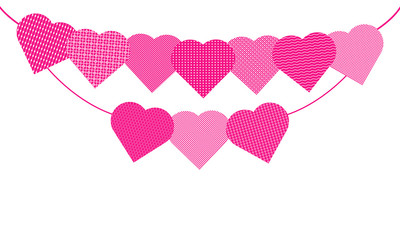 Festive garland with pink hearts with various white geometric patterns. Template vector banner isolated on a white background.