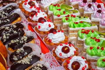 Diversity of cakes on a shop counter
