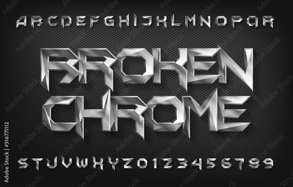 Fototapete broken chrome alphabet font. metal effect beveled letters and numbers. stock vector typescript for y