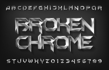 Broken Chrome alphabet font. Metal effect beveled letters and numbers. Stock vector typescript for your design.