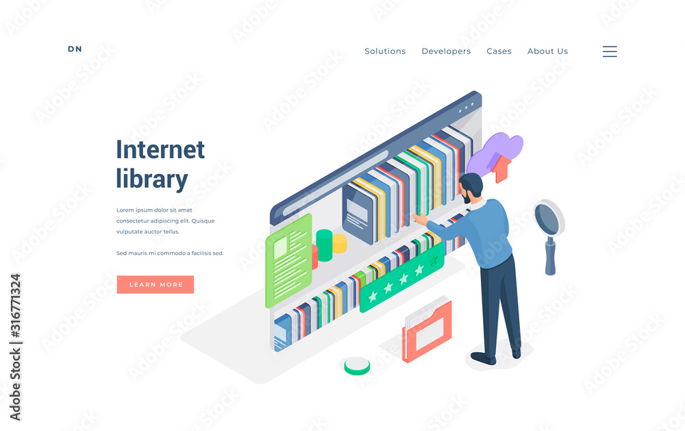 Poster man using internet library with good rating isometric vector illustration