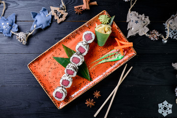 Christmas sushi with tuna winter menu at a Japanese restaurant