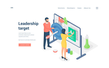 Company leaders analyzing target data on whiteboard isometric vector illustration