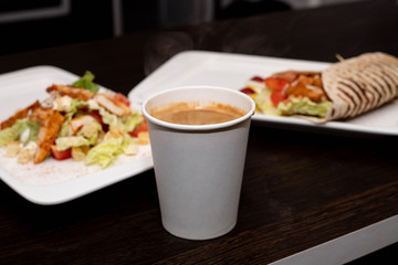 Fast food. Meal. Subject shooting. Coffee.