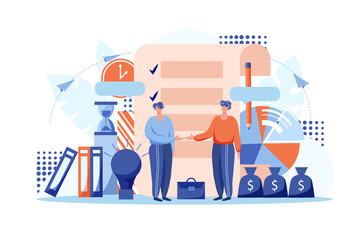 Business deal concept. Two businessmen conclude agreement and shake hands. Office environment. Vector web site design template. Landing page website concept illustration