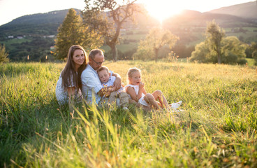 Fototapeta na wymiar Young family with two small children sitting on meadow outdoors at sunset.