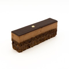 One piece of chocolate pie. Three chocolates dessert. White background. Isolated. Copy space. Concept: bakery, restaurant, tea, coffee cafe, restaurant