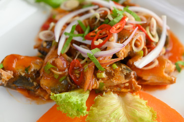 Spicy salad of canned sardine in tomato sauce mixed